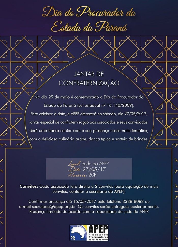 APEP promove jantar temático para associados em comemoração ao Dia do Procurador (Divulgação) APEP promove jantar temático para associados em comemoração ao Dia do Procurador (Divulgação)