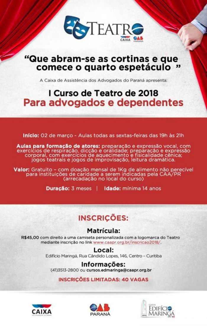 Inscrições pelo site www.caapr.org.br/inscricao2018/, mediante pagamento de taxa de matrícula no valor de R$ 45,00 - Foto: Divulgação Inscrições pelo site www.caapr.org.br/inscricao2018/, mediante pagamento de taxa de matrícula no valor de R$ 45,00 - Foto: Divulgação