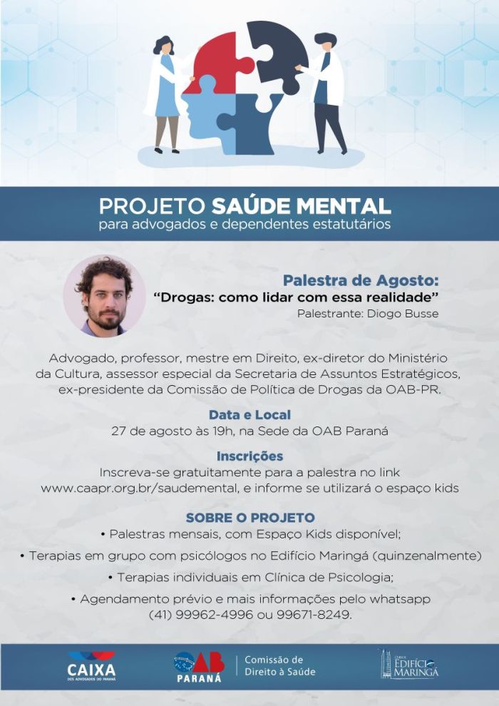 Inscrições gratuitas para a palestra pelo link www.caapr.org.br/saudemental - Foto: Divulgação Inscrições gratuitas para a palestra pelo link www.caapr.org.br/saudemental - Foto: Divulgação